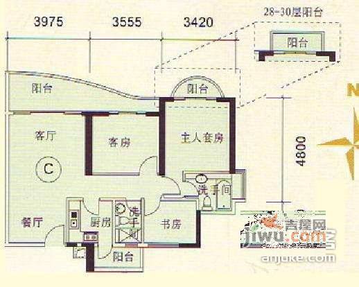 历徳雅舍3室1厅1卫96㎡户型图