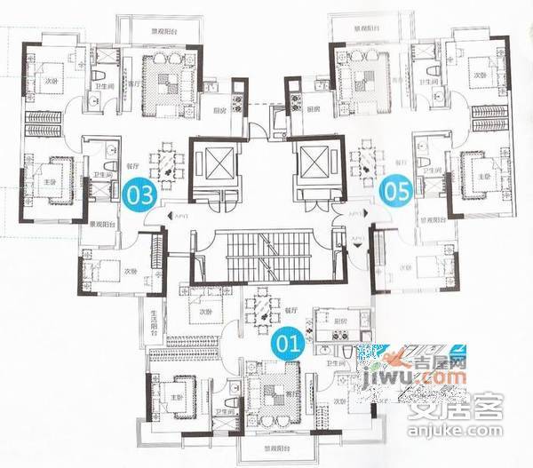 蓝色天马河3室2厅2卫142㎡户型图