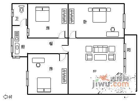 青云楼3室2厅1卫80㎡户型图