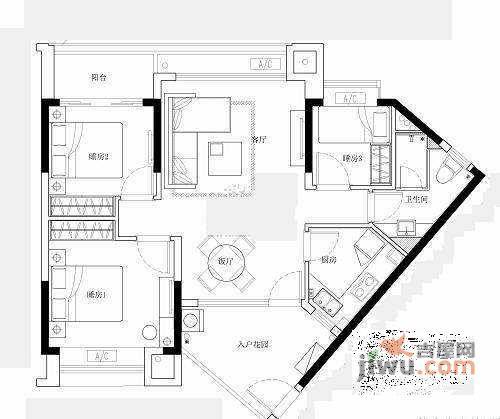 滨江瑞城3室2厅1卫96㎡户型图