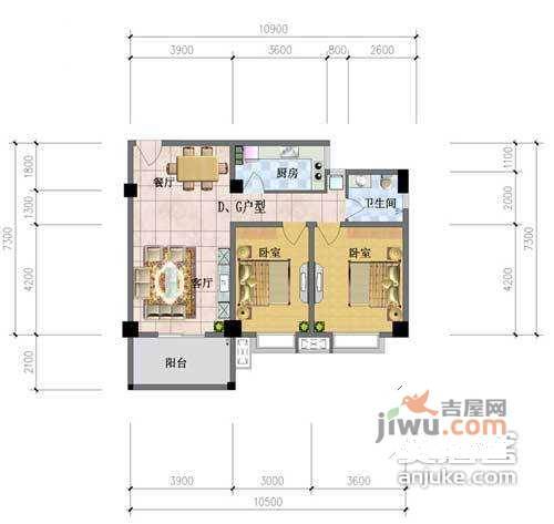 美心花园2室2厅1卫52㎡户型图