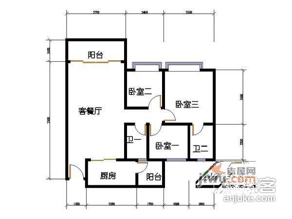 云珠花园3室2厅2卫132㎡户型图