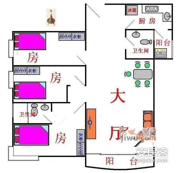 江南新苑3室2厅2卫129㎡户型图