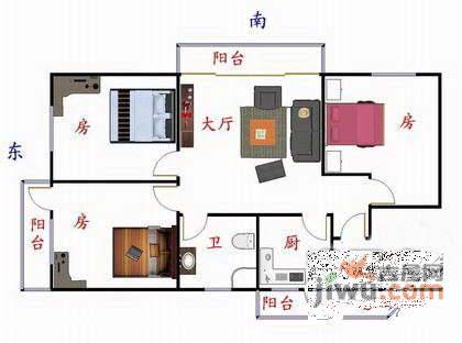 和辉花园3室1厅1卫88㎡户型图