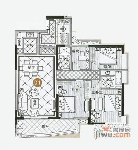 富力银禧花园3室2厅1卫117㎡户型图