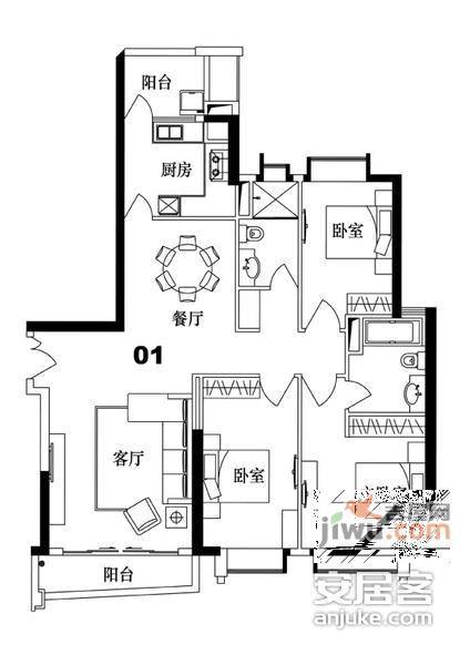 方圆月岛3室2厅1卫户型图