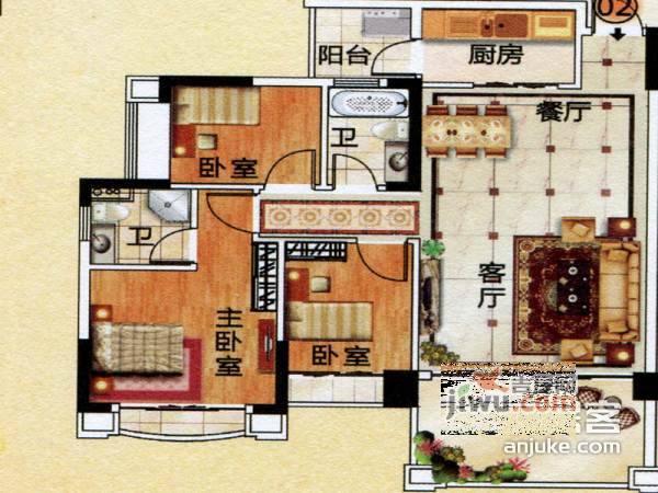 金海岸花园3室1厅2卫98㎡户型图