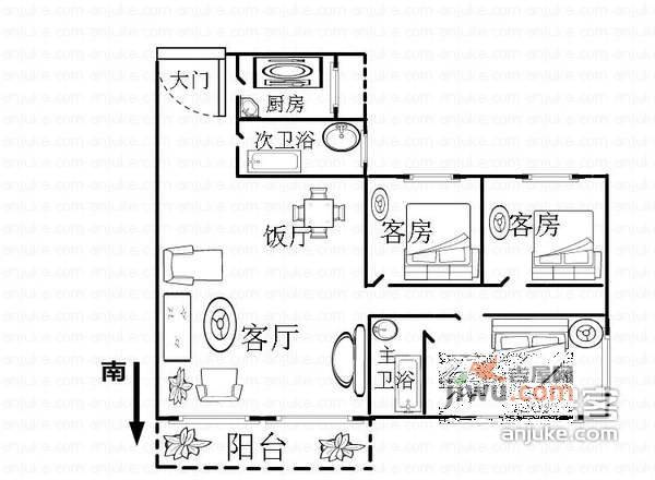 富力桃园2室1厅1卫101㎡户型图