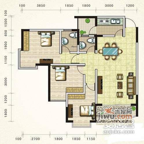 蛟龙银座3室2厅2卫120㎡户型图