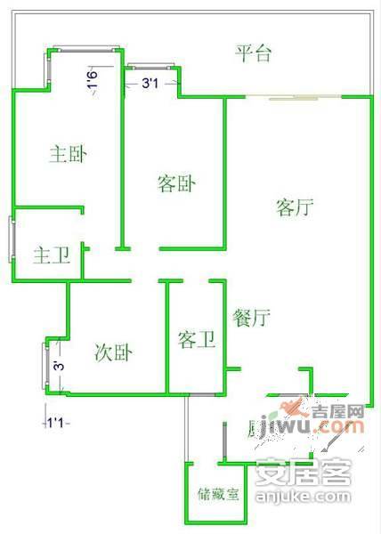 瑞西小区3室2厅2卫119㎡户型图