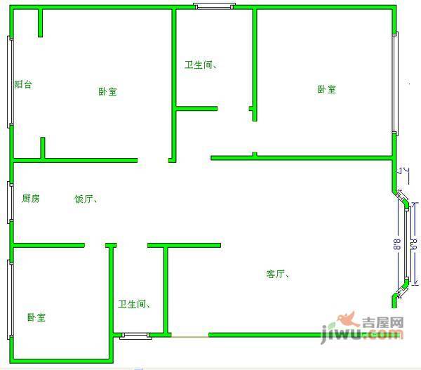 蜀汉路小区3室2厅2卫120㎡户型图