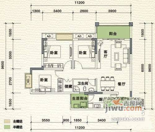 时代锦城3室2厅1卫89㎡户型图