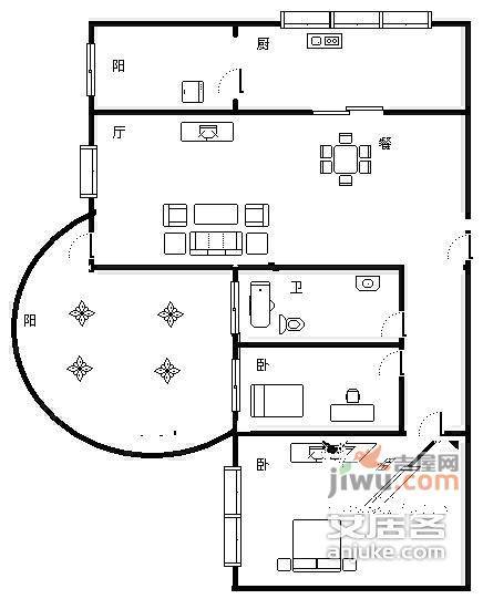 凯丽滨江花园2室2厅1卫89㎡户型图