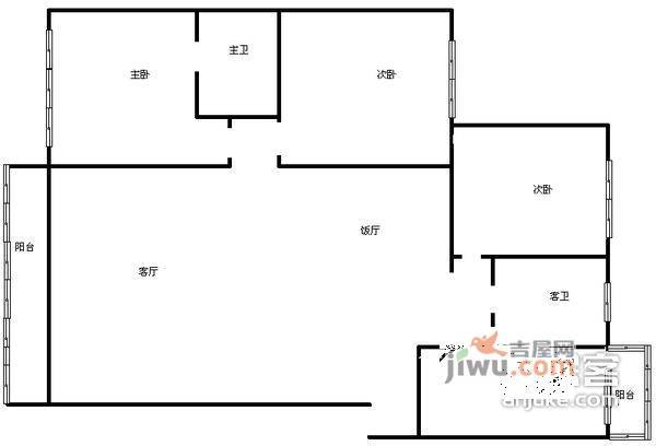 五彩生活3室2厅2卫114㎡户型图