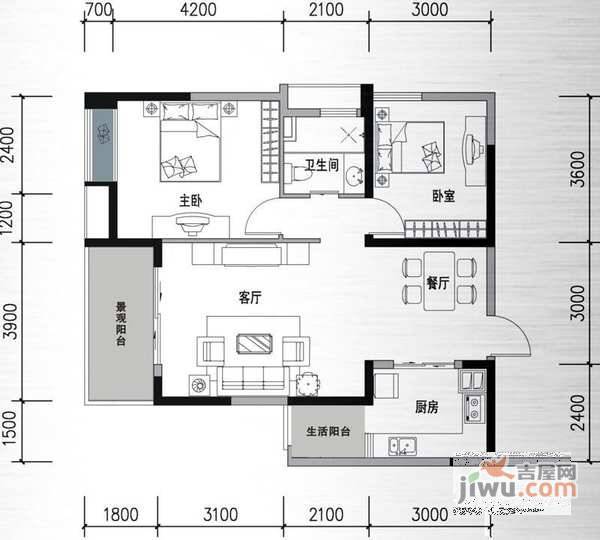 天府长城图南多2室2厅1卫85㎡户型图