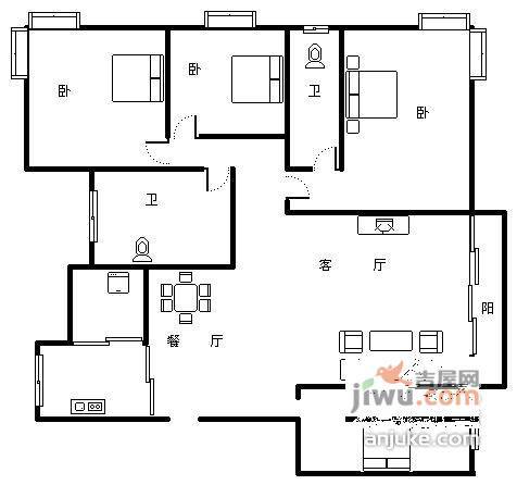 朝阳名宅3室2厅1卫138㎡户型图