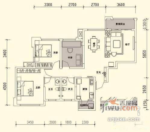 朗基龙堂2室2厅1卫84㎡户型图