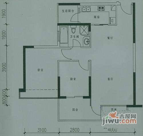 中海格林威治城2室1厅1卫94㎡户型图