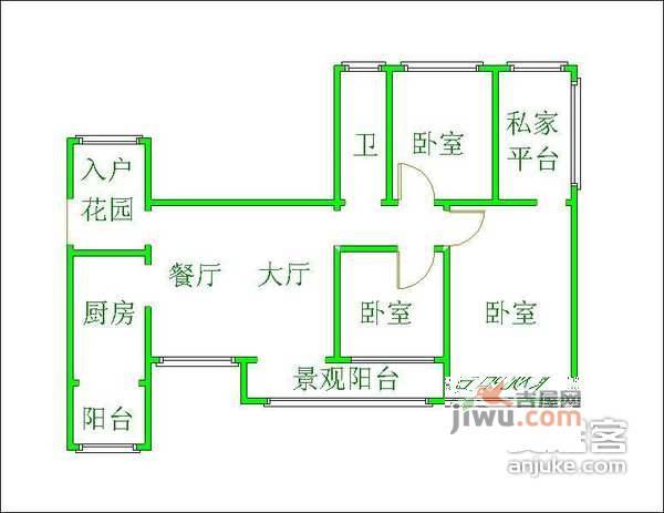 龙湖三千里B区3室1厅1卫93㎡户型图