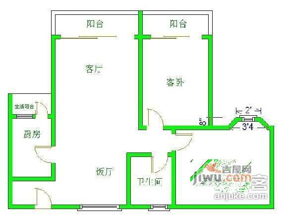 天合凯旋城2室2厅1卫88㎡户型图