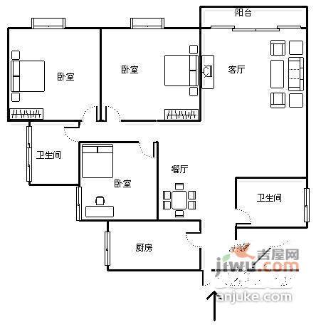 晋愉上江城3室2厅2卫131㎡户型图