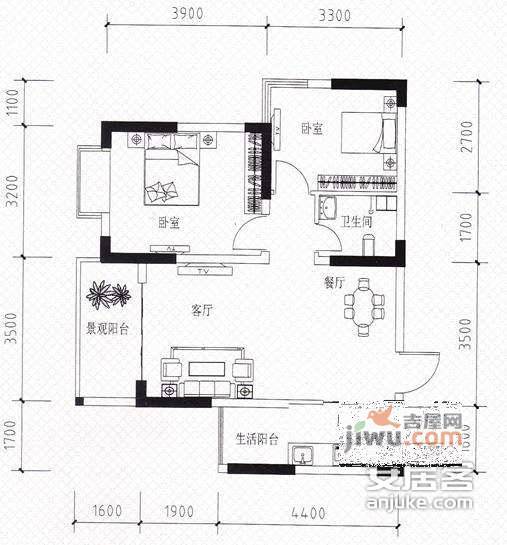 恒鑫名城2室2厅1卫99㎡户型图