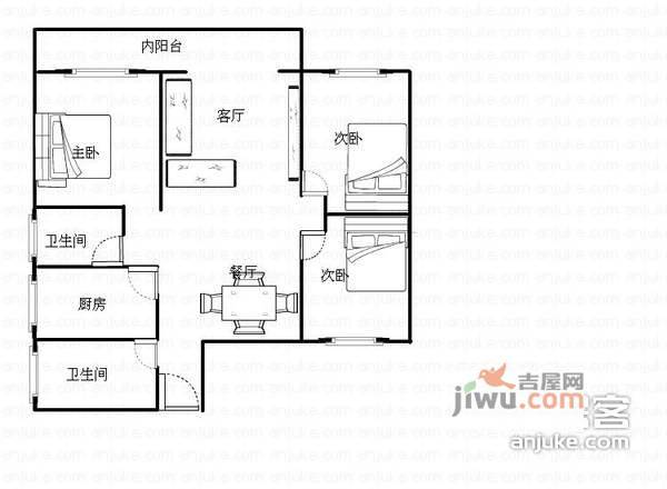 白马康居花园3室2厅2卫124㎡户型图