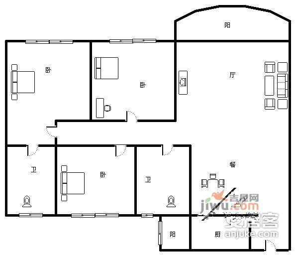 升伟新天地3室2厅2卫116㎡户型图