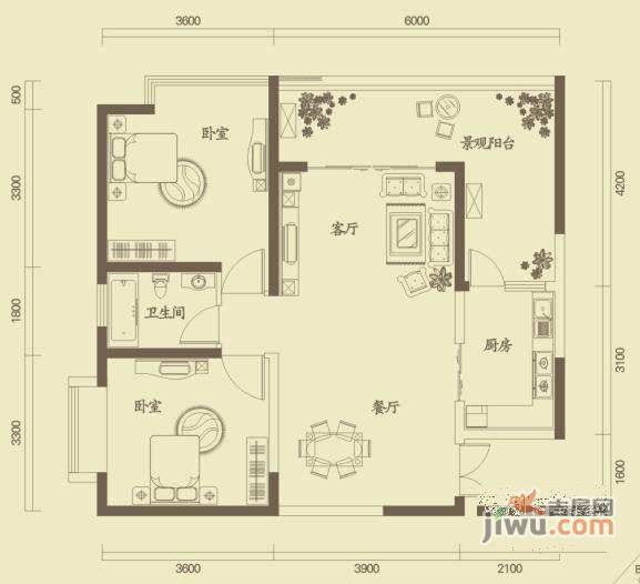 骏逸江南2室2厅1卫92㎡户型图