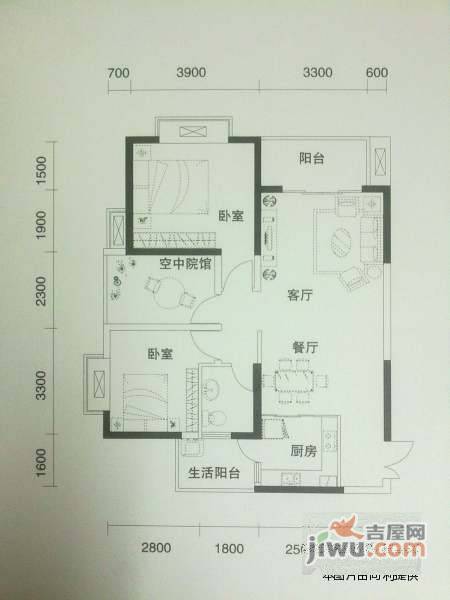 万达广场2室2厅1卫95㎡户型图