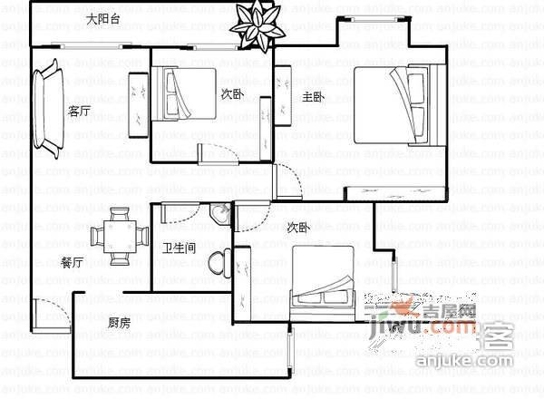 蓝溪谷地3室2厅1卫102㎡户型图