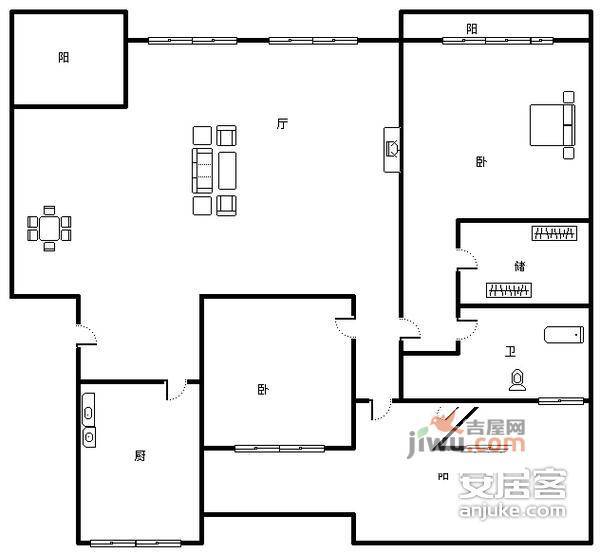 蓝溪谷地3室2厅1卫102㎡户型图