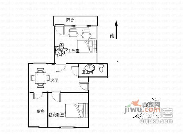 长乐路小区2室1厅1卫64㎡户型图