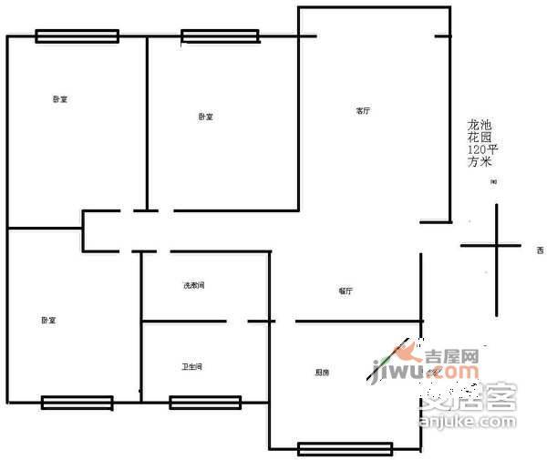 龙池花园3室2厅1卫120㎡户型图