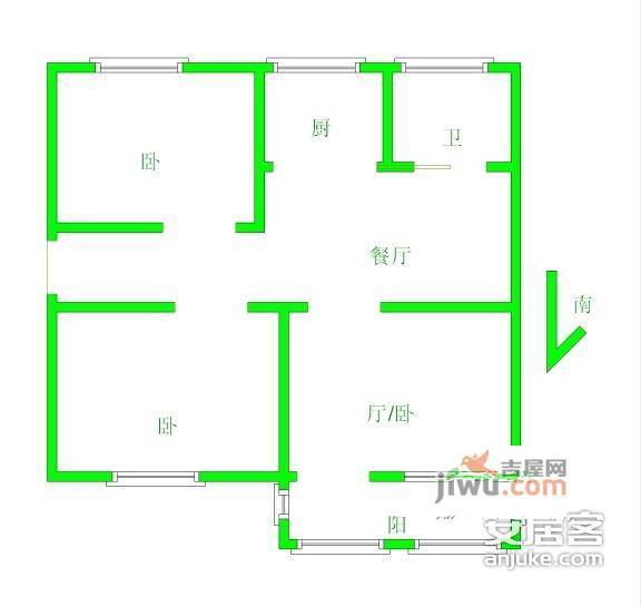 银龙花园3室2厅1卫87㎡户型图