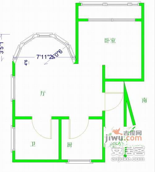 银河湾福苑2室1厅1卫63㎡户型图