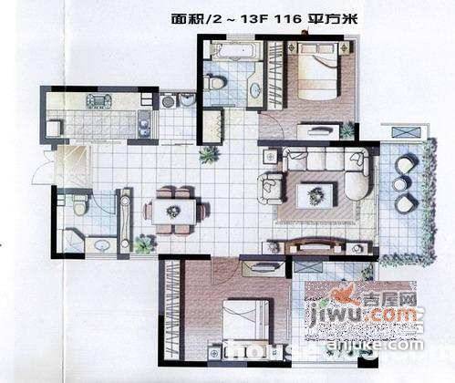 紫鑫中华广场3室2厅1卫118㎡户型图