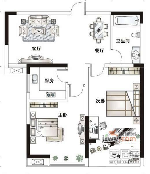 银城五台花园2室2厅1卫户型图