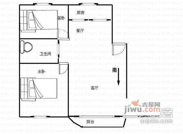 湾里小区2室2厅1卫89㎡户型图