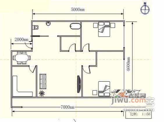 罗斯福国际大厦2室1厅1卫102㎡户型图