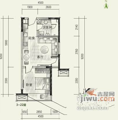 幸福里2室2厅1卫77㎡户型图