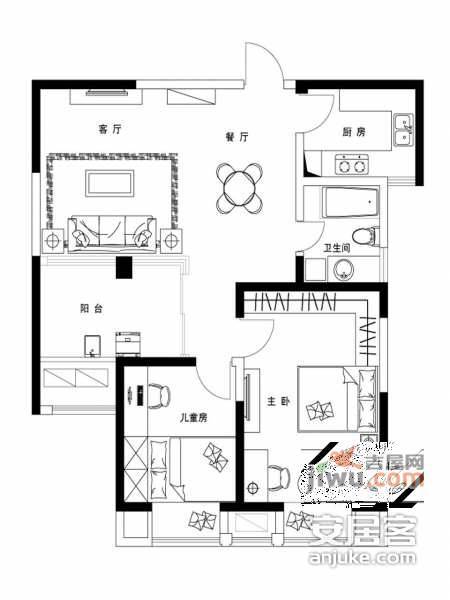 水韵金阁2室2厅1卫90㎡户型图