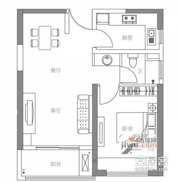 绿地西水东熙第1室1厅1卫68㎡户型图