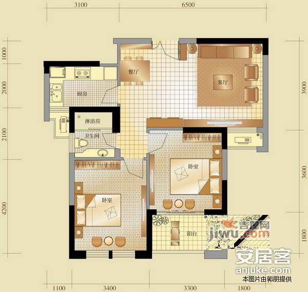 鑫园小区2室2厅1卫127㎡户型图