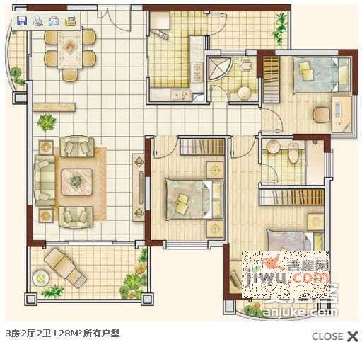 俊景凤凰庭3室2厅2卫125㎡户型图