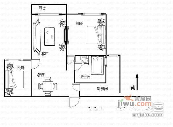 圣雅园2室2厅1卫78㎡户型图